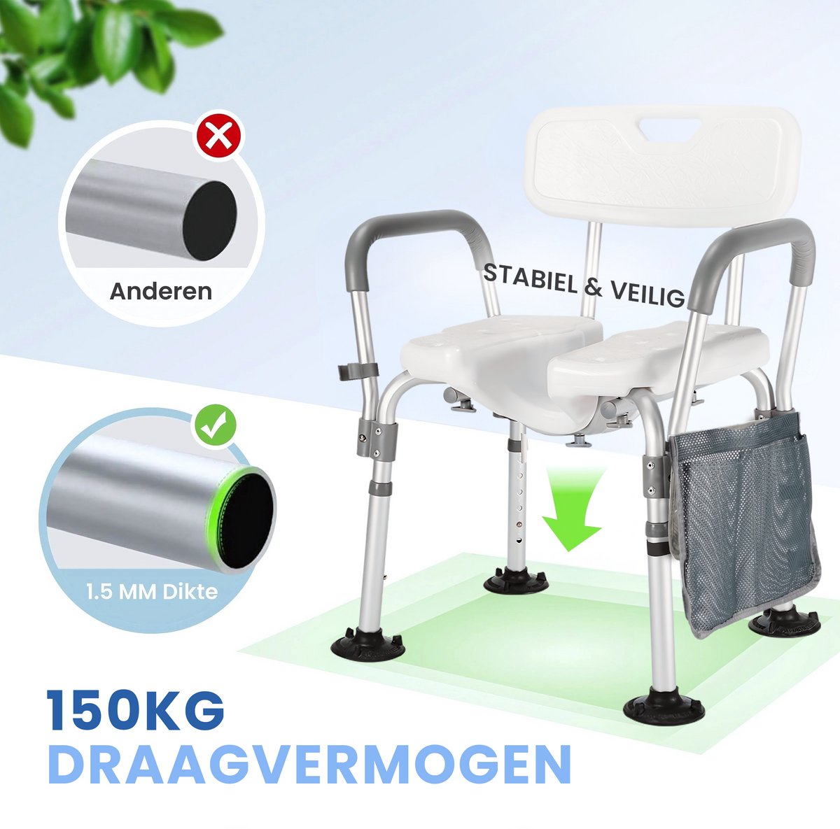 Seniove® Douchestoel Met Afneembare Armleuning - XXL Antislip - In Hoogte Verstelbaar - Incl. Zeepzakje & Kophouder