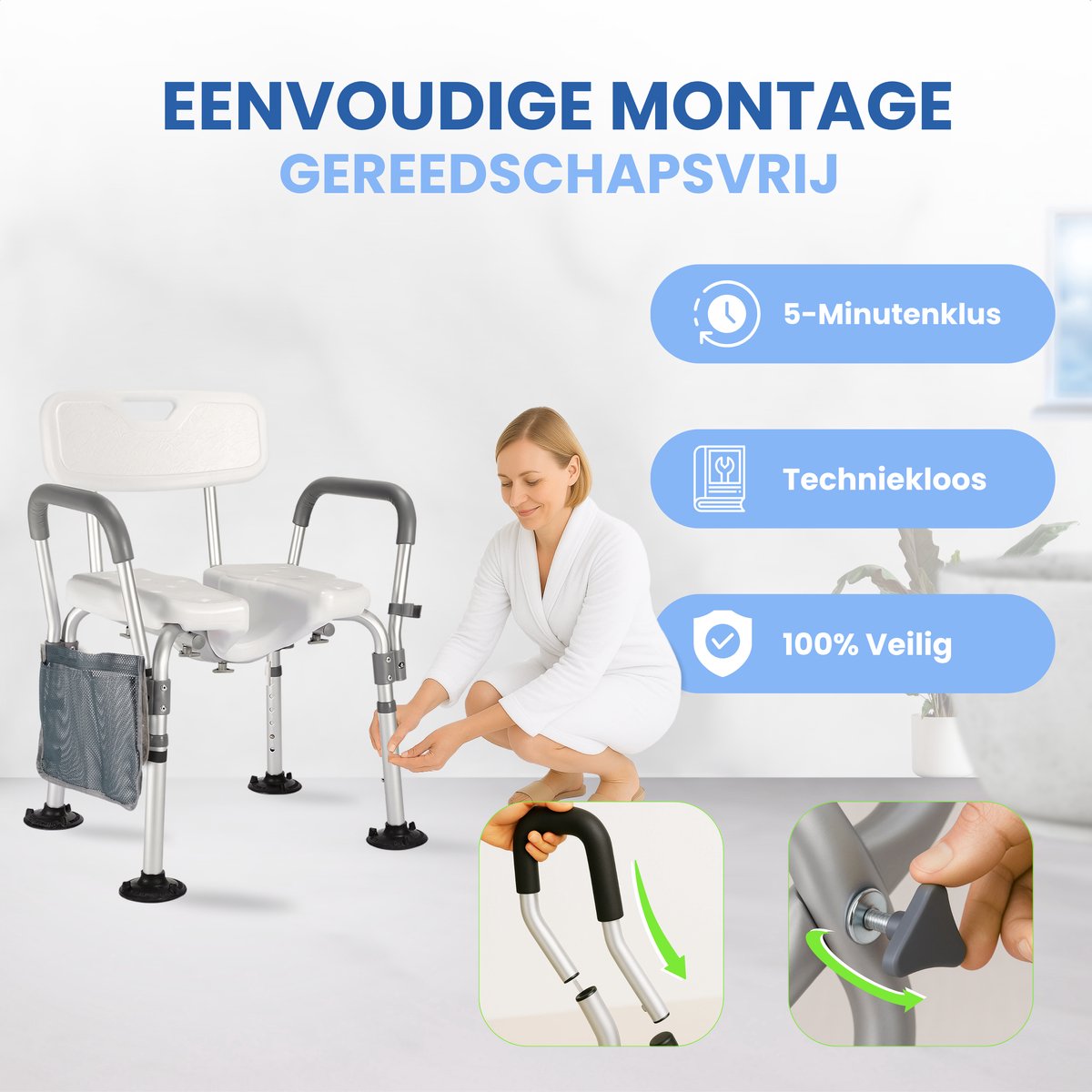 Seniove® Douchestoel Met Afneembare Armleuning - XXL Antislip - In Hoogte Verstelbaar - Incl. Zeepzakje & Kophouder