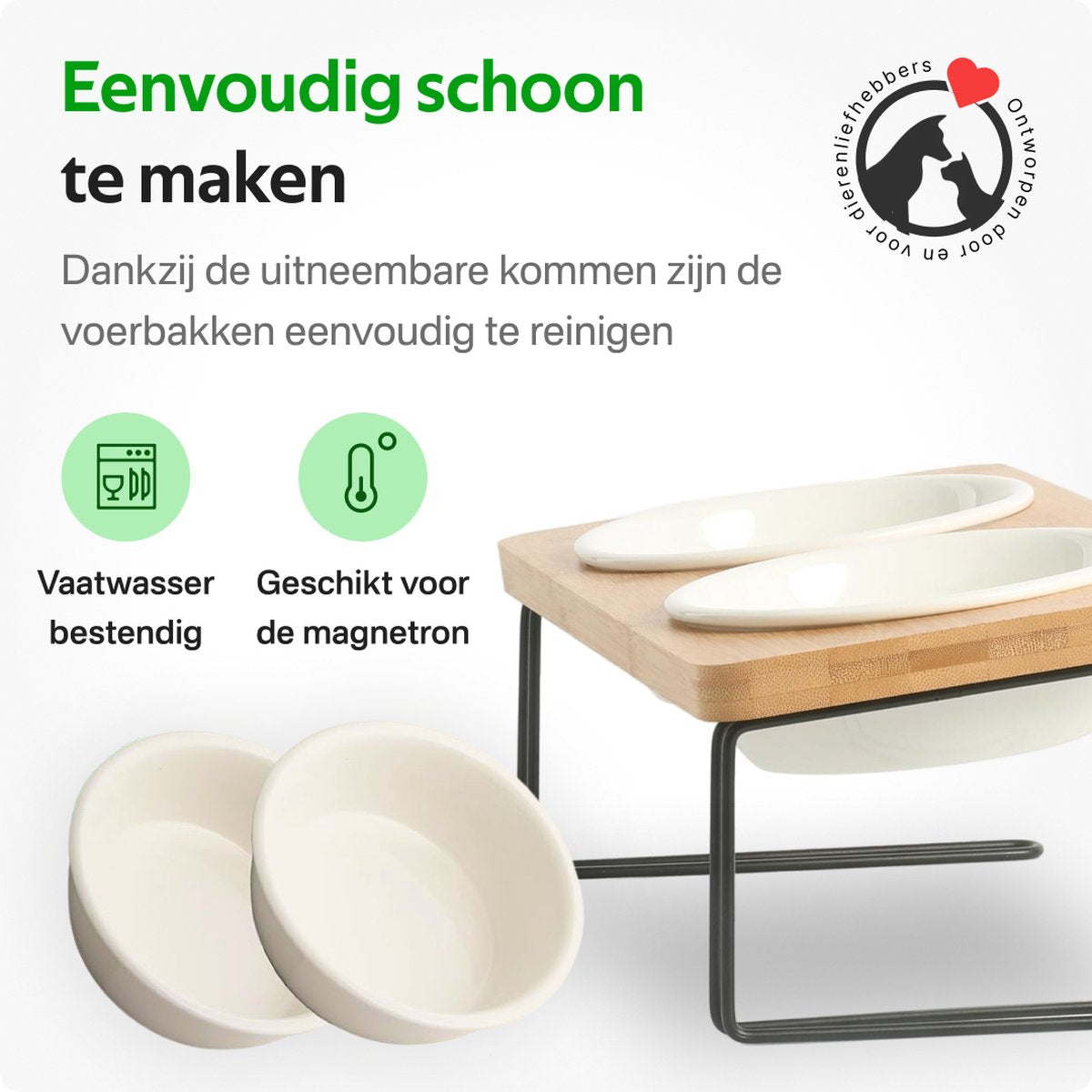 Pawsomepets® Verhoogde Kattenvoerbak - Bamboe Voerbak Hond - Met Standaard - Drinkbak Keramiek - 2x 350ml