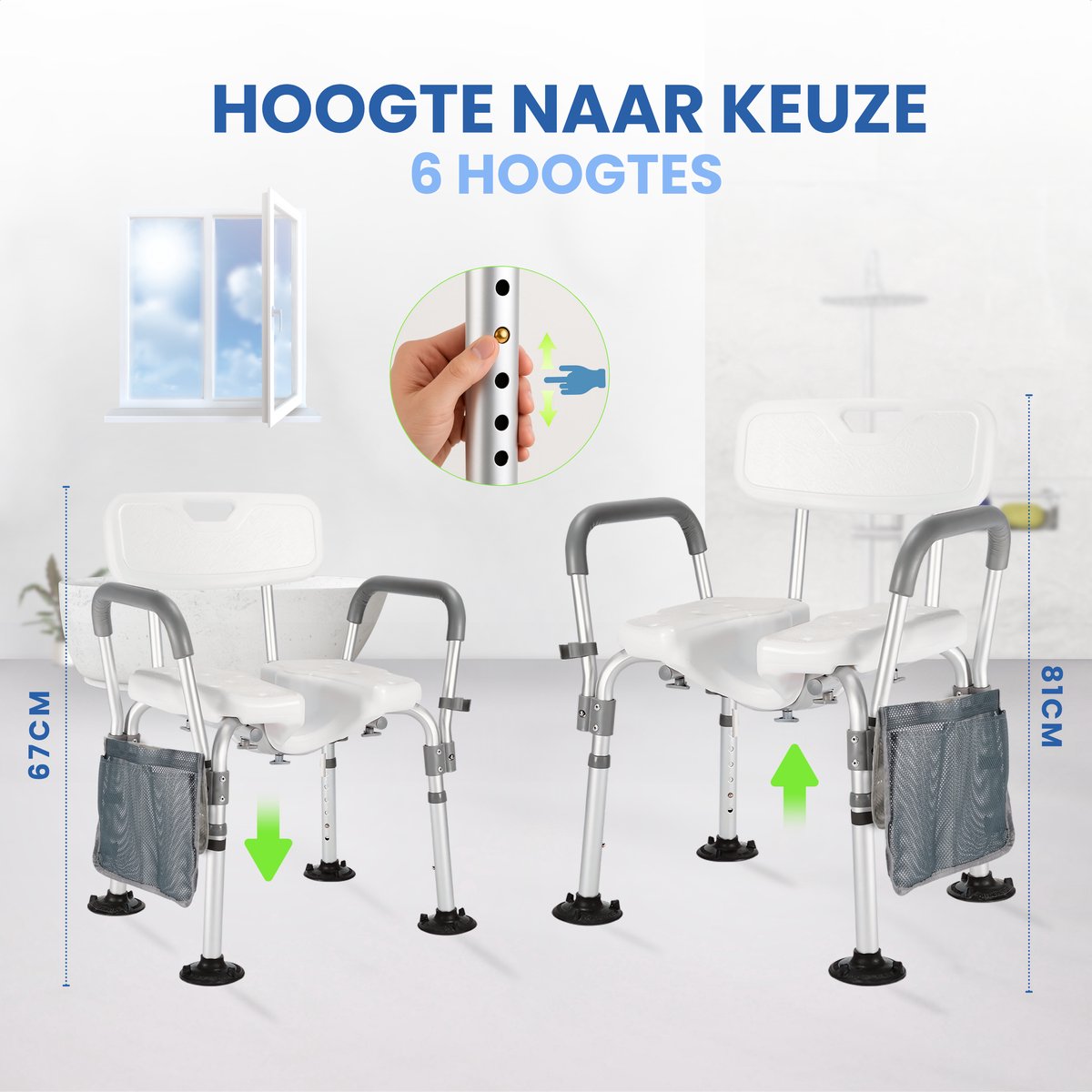 Seniove® Douchestoel Met Afneembare Armleuning - XXL Antislip - In Hoogte Verstelbaar - Incl. Zeepzakje & Kophouder