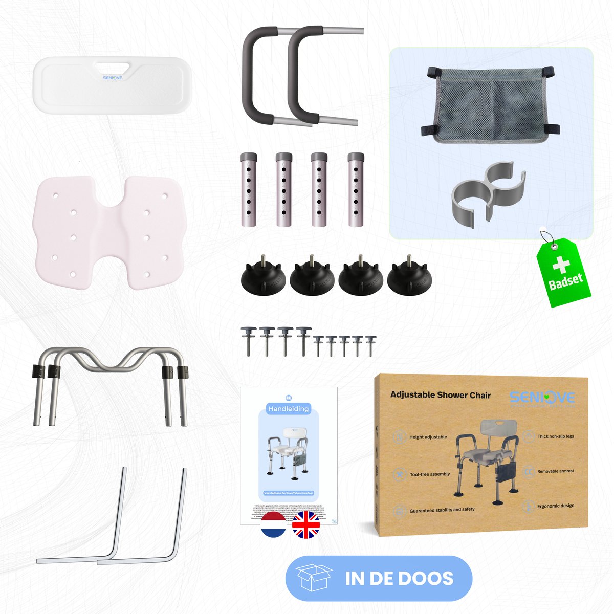 Seniove® Douchestoel Met Afneembare Armleuning - XXL Antislip - In Hoogte Verstelbaar - Incl. Zeepzakje & Kophouder