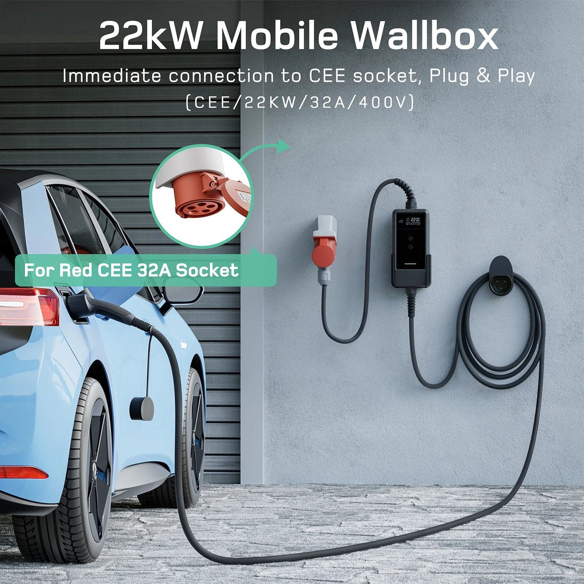Draagbare Ev-Lader – Elektrische Auto Oplader – Mobiele Laadstation – Snellader – Type 2 Laadkabel – 22 KW 3-Fase – Extra Lange 25 Meter Kabel