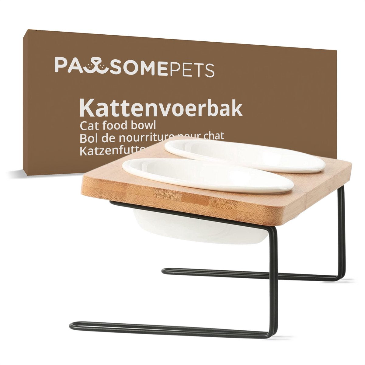 Pawsomepets® Verhoogde Kattenvoerbak - Bamboe Voerbak Hond - Met Standaard - Drinkbak Keramiek - 2x 350ml