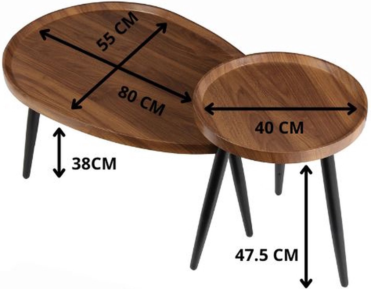 Salontafel Rond - Salontafel Druppel - Massief hout - Druppelvorm - Rond - Zwarte Poten - Walnoot - Set Van 2