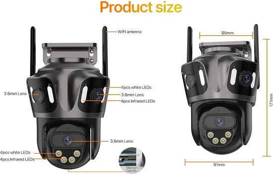 Beveiligingscamera Buiten - Buiten Camera met Nachtzicht - Drie Lens Design - 360° Auto Tracking - Inclusief 64GB SD - Zwart