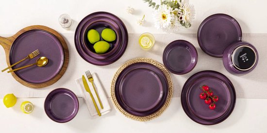 Luxe Serviesset 18-delig – 6 Persoons – Keramische Bordenset – Dinerborden – Dessertborden – Kommen – Modern Design – Paars