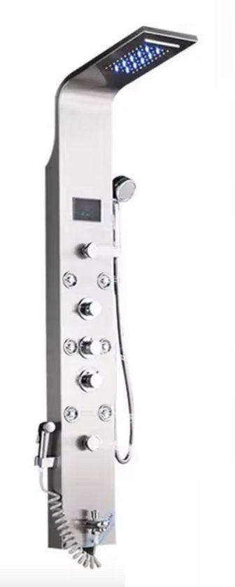 Douchekraan - Regendouche - Douchekop - Douchepaneel - 6 in 1 - Regendouche - Waterval douche - Kraan - Bidet - Massage jet - Handdouche - Waterstroom gevoed - Verlichting en LED display - Brushed nickel