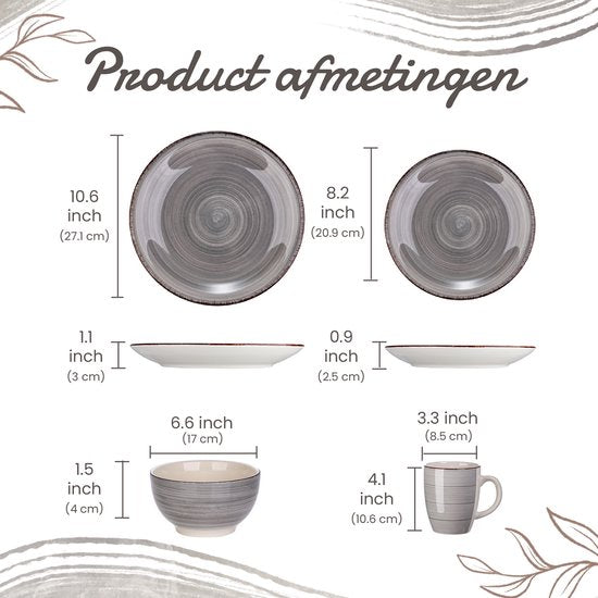 Luxe Serviesset – 32 delig – 8 persoons – Porselein - Bordenset – Dinner platen – Dessertborden - Kommen - Mokken - Schaaltjes - Grijs