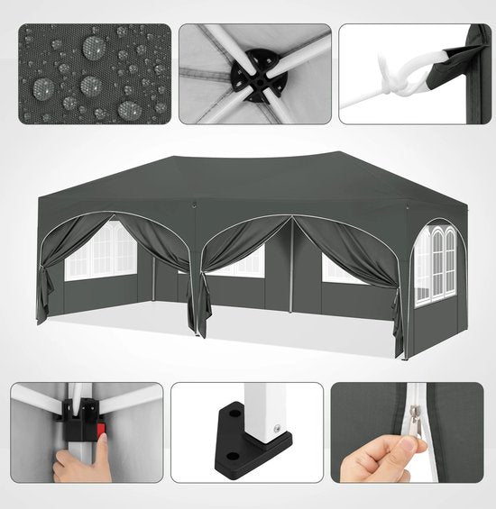 Partytent - Paviljoen - Opvouwbare Luifel - Tuin tent - Waterdicht - Uv Bescherming - met Draagtas - Prieel - Zijpanelen - 6x3m - Grijs