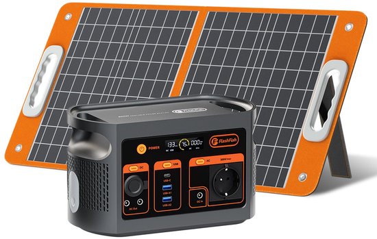 Draagbare Powerstation – Mobiele Generator – Noodstroomvoorziening – Camping Accu – Powerbank – 300W Met 60W Zonnepaneel – 222Wh LiFePO4 Accu – 230V Pure Sinus Output