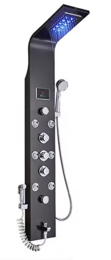 Douchekraan - Regendouche - Douchekop - Douchepaneel - 6 in 1 - Regendouche - Waterval douche - Kraan - Bidet - Massage jet - Handdouche - Waterstroom gevoed - Verlichting en LED display - Zwart