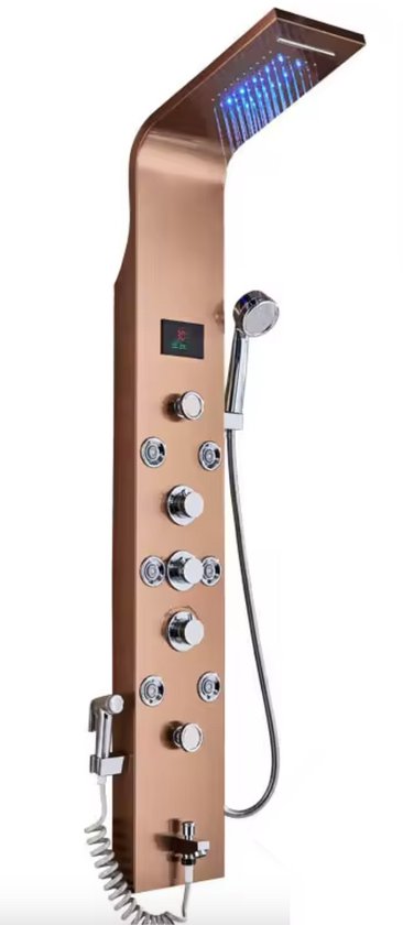 Douchekraan - Regendouche - Douchekop - 6 in 1 - Regendouche - Waterval douche - Kraan - Bidet - Massage jet - Handdouche - Waterstroom gevoed - Verlichting en LED display - Rose Gold