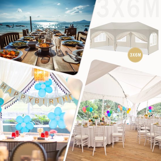 Partytent - Paviljoen - Opvouwbare Luifel - Tuin tent - Waterdicht - Uv Bescherming - met Draagtas - Prieel - Zijpanelen - 6x3m - Wit