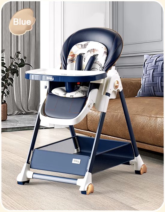 Kinderstoel - Babystoel - Baby stoel - Baby eetstoel - babystoel voor aan tafel - Met wieltjes - Kantelbaar - Opvouwbaar - PU Leer - Blauw