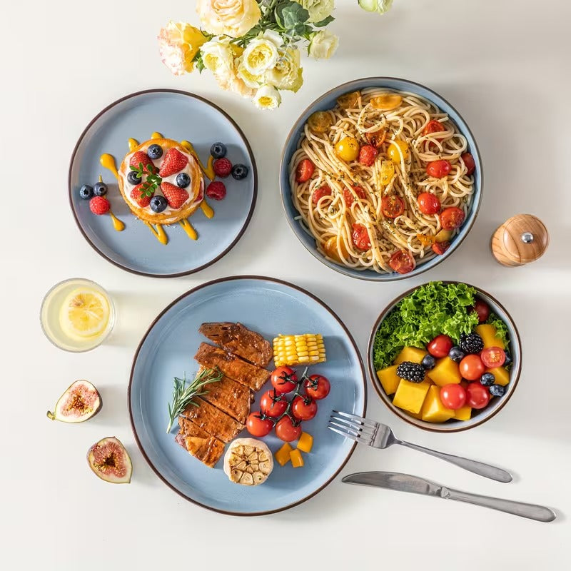 Luxe Serviesset – 32 delig – 8 persoons – Steengoed - Bordenset – Dinner platen – Dessertborden - Kommen - Mokken - Schaaltjes - Nimf - Blauw