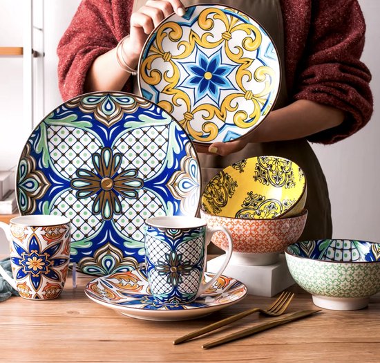 Keramieken serviesset - 32 delig - Kleurrijk servies - Jasmijn patroon - Multi colour