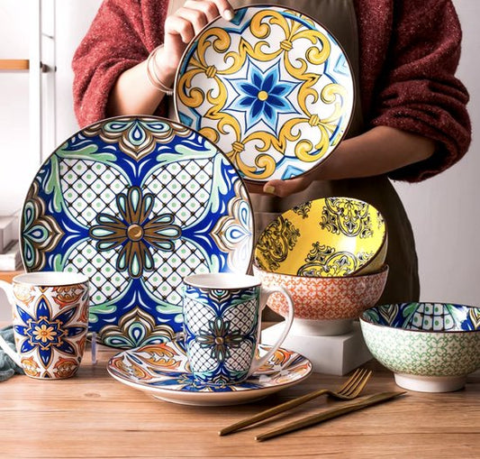 Keramieken serviesset - 32 delig - Kleurrijk servies - Jasmijn patroon - Multi colour