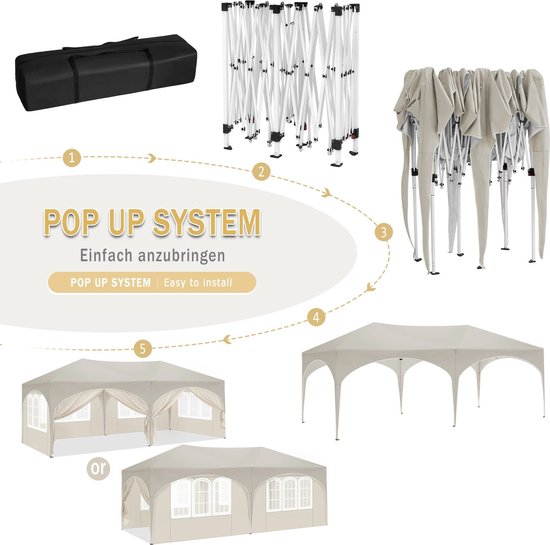 Partytent - Paviljoen - Opvouwbare Luifel - Tuin tent - Waterdicht - Uv Bescherming - met Draagtas - Prieel - Zijpanelen - 6x3m - Wit