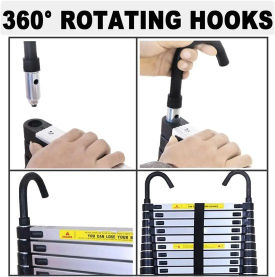 Uitschuifbare ladder 6.2 m – Telescopische vouwladder – Aluminium constructie – Antislip poten – Vergrendelbare treden – Inklapbaar ontwerp – Draagbaar – 150 kg draagvermogen – Met afneembare haken