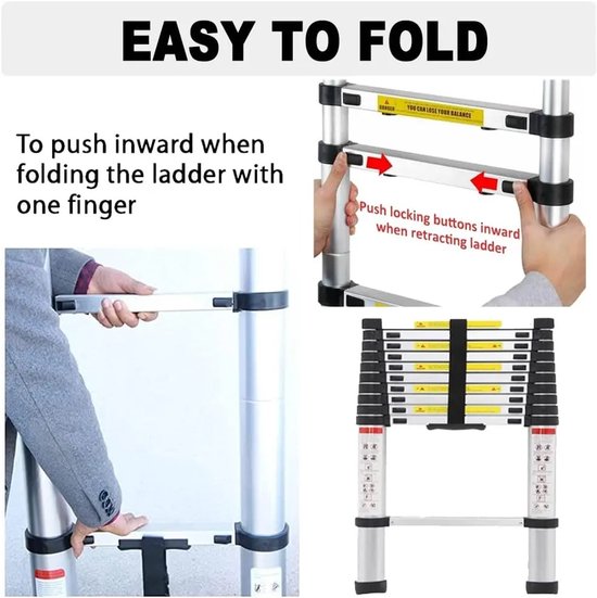 Uitschuifbare ladder 6.2 m – Telescopische vouwladder – Aluminium constructie – Antislip poten – Vergrendelbare treden – Inklapbaar ontwerp – Draagbaar – 150 kg draagvermogen – Met afneembare haken