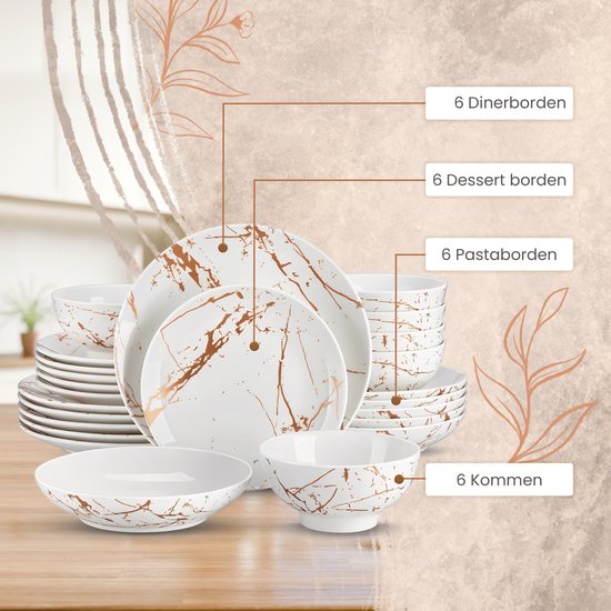 Luxe Serviesset – 24 delig – 6 persoons – Porselein - Bordenset – Dinner platen – Dessertborden - Kommen - Pastabord - Wit - Luxe Servies