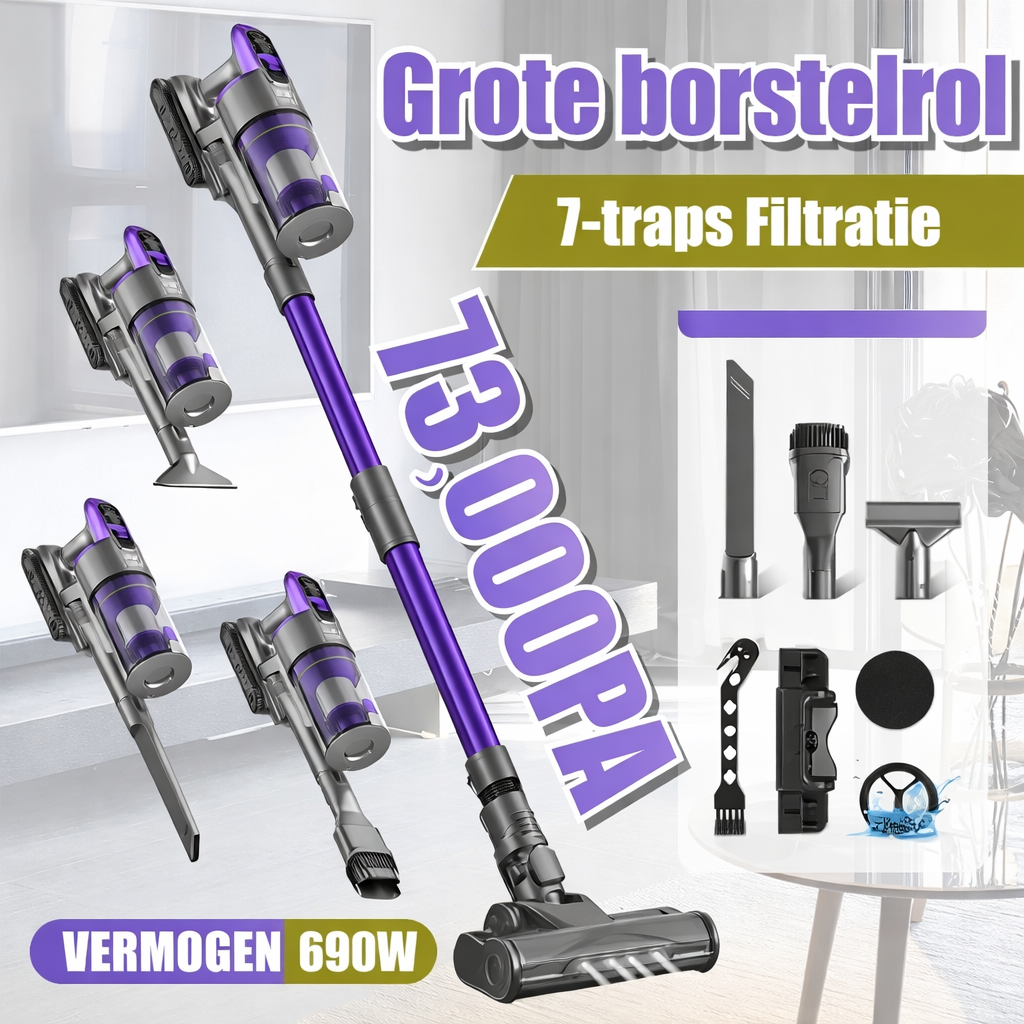 Stofzuiger – Draadloze Steelstofzuiger – Handstofzuiger – Zakloze Stofzuiger – Oplaadbare Stofzuiger – 7-laags Filtersysteem – Krachtige Zuigkracht 73 kPa