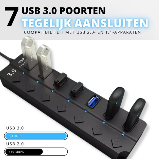 USB-Hub 3.0 - 7 Poorten - 5 Gbps - USB-Splitter en Switch