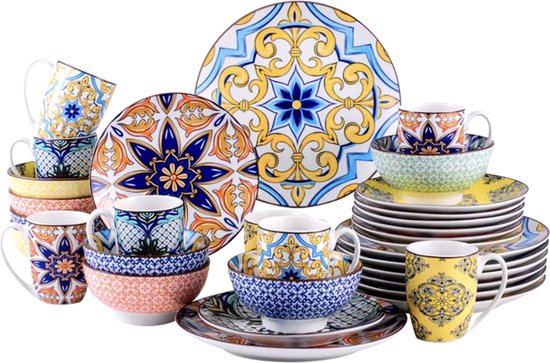 Keramieken serviesset - 32 delig - Kleurrijk servies - Jasmijn patroon - Multi colour
