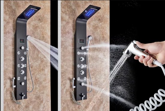 Douchekraan - Regendouche - Douchekop - Douchepaneel - 6 in 1 - Regendouche - Waterval douche - Kraan - Bidet - Massage jet - Handdouche - Waterstroom gevoed - Verlichting en LED display - Zwart