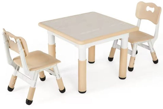 Kindertafel - Kinder tafel met stoelen - Speeltafel - Tekentafel - Set van tafel en stoelen - Kunststof - Hoogte verstelbaar - Beige - 60x60cm
