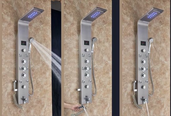 Douchekraan - Regendouche - Douchekop - Douchepaneel - 6 in 1 - Regendouche - Waterval douche - Kraan - Bidet - Massage jet - Handdouche - Waterstroom gevoed - Verlichting en LED display - Brushed nickel