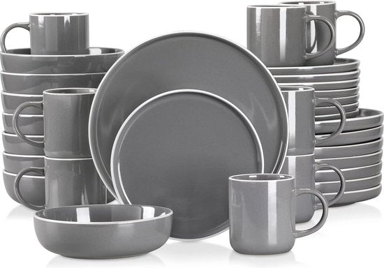 Luxe Serviesset- 48 delig – 12 persoons – Steengoed - Bordenset – Dinner platen – Dessertborden - Kommen - Mokken - Grijs