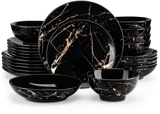 Luxe Serviesset – 24 delig – 6 persoons – Porselein - Bordenset – Dinner platen – Dessertborden - Kommen - Pastabord - Zwart - Luxe Servies