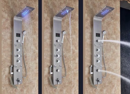 Douchekraan - Regendouche - Douchekop - Douchepaneel - 6 in 1 - Regendouche - Waterval douche - Kraan - Bidet - Massage jet - Handdouche - Waterstroom gevoed - Verlichting en LED display - Brushed nickel