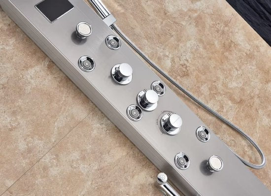 Douchekraan - Regendouche - Douchekop - Douchepaneel - 6 in 1 - Regendouche - Waterval douche - Kraan - Bidet - Massage jet - Handdouche - Waterstroom gevoed - Verlichting en LED display - Brushed nickel
