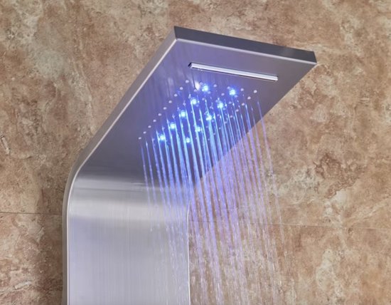 Douchekraan - Regendouche - Douchekop - Douchepaneel - 6 in 1 - Regendouche - Waterval douche - Kraan - Bidet - Massage jet - Handdouche - Waterstroom gevoed - Verlichting en LED display - Brushed nickel