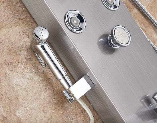 Douchekraan - Regendouche - Douchekop - Douchepaneel - 6 in 1 - Regendouche - Waterval douche - Kraan - Bidet - Massage jet - Handdouche - Waterstroom gevoed - Verlichting en LED display - Brushed nickel