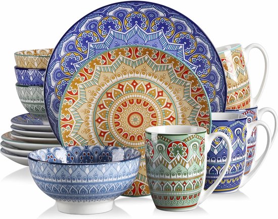 Serviesset 16 Delig - Bohemian Mandala Patroon - Turquoise, Blauw en geel - Porselein Servies Set - Met Diner bord, Dessert bord, kom en Mok -