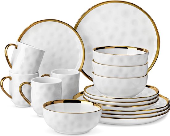 Luxueuze Serviesset - Servies 16 delig - Serviesgoed 16 stuks - Bordenset 4 persoons - Borden, Kopjes en Kommen - Wit met Gouden Versiering