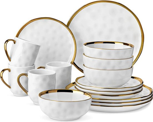 Luxueuze Serviesset - Servies 16 delig - Serviesgoed 16 stuks - Bordenset 4 persoons - Borden, Kopjes en Kommen - Wit met Gouden Versiering