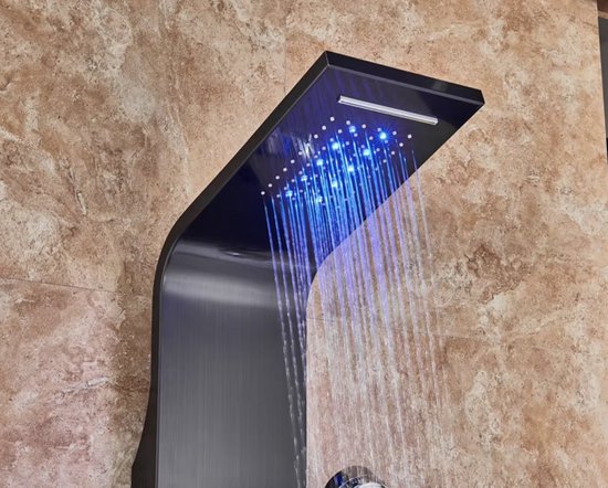 Douchekraan - Regendouche - Douchekop - Douchepaneel - 6 in 1 - Regendouche - Waterval douche - Kraan - Bidet - Massage jet - Handdouche - Waterstroom gevoed - Verlichting en LED display - Zwart