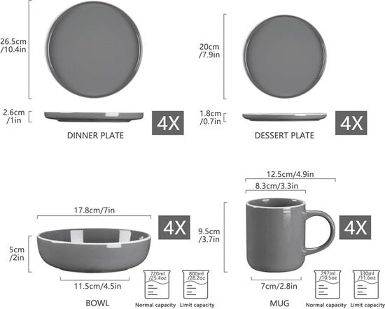Luxe Serviesset- 48 delig – 12 persoons – Steengoed - Bordenset – Dinner platen – Dessertborden - Kommen - Mokken - Grijs