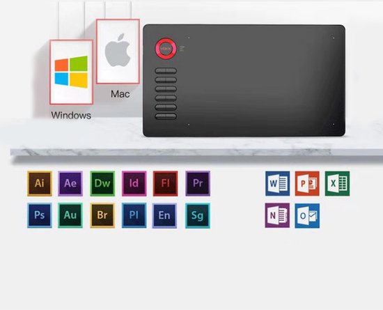 Tekentablet A15 Rood inclusief beschermhoes - 10x6 inch - 5080 Lpi - grafische XL teken tablet - Batterij vrije pen - 12 sneltoetsen - tekenhandschoen