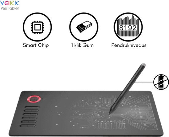 Tekentablet A15 Rood inclusief beschermhoes - 10x6 inch - 5080 Lpi - grafische XL teken tablet - Batterij vrije pen - 12 sneltoetsen - tekenhandschoen