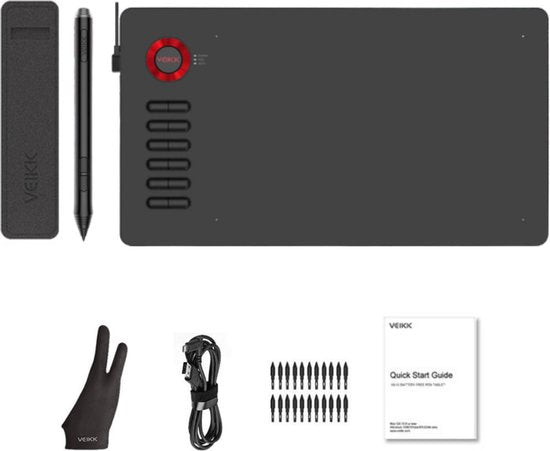 Tekentablet A15 Rood inclusief beschermhoes - 10x6 inch - 5080 Lpi - grafische XL teken tablet - Batterij vrije pen - 12 sneltoetsen - tekenhandschoen