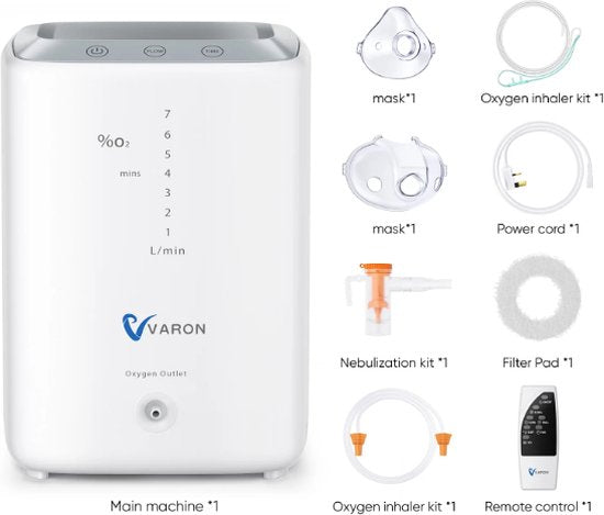Varon - NT-04 - Zuurstofconcentrator - 2 in 1 - Oxygen Concentrator - Zuurstof Generator - Draagbaar - Zuurstofpomp - Pollen - Zuurstof - Luchtreiniger - 93%+/-3% - 1- 7L/min - Wit