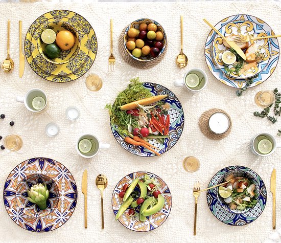 Keramieken serviesset - 32 delig - Kleurrijk servies - Jasmijn patroon - Multi colour