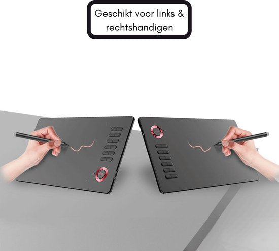 Tekentablet A15 Rood inclusief beschermhoes - 10x6 inch - 5080 Lpi - grafische XL teken tablet - Batterij vrije pen - 12 sneltoetsen - tekenhandschoen