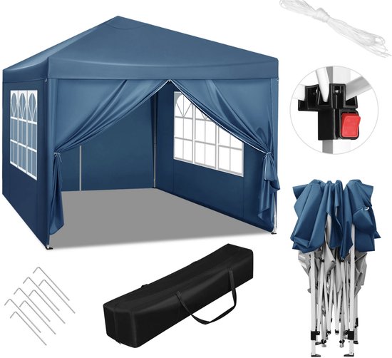 Partytent - Paviljoen - Opvouwbare Luifel - Tuin tent - Waterdicht - Uv Bescherming - met Draagtas - Pavillon - Prieel - Zijpanelen - 3x3m - Grijs