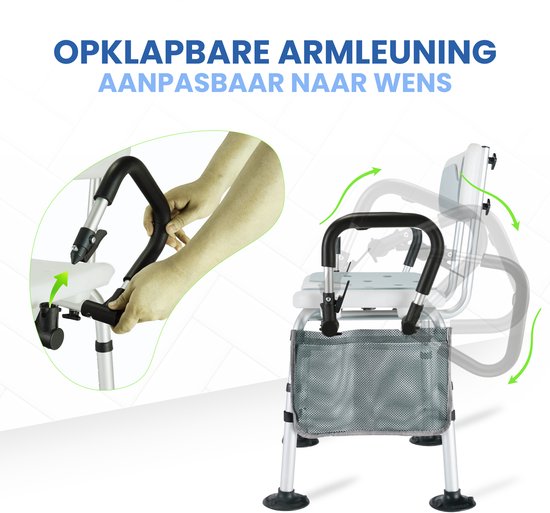 Seniove® Douchestoel Met Afneembare Armleuning - XXL Antislip - In Hoogte Verstelbaar - Incl. Zeepzakje & Kophouder